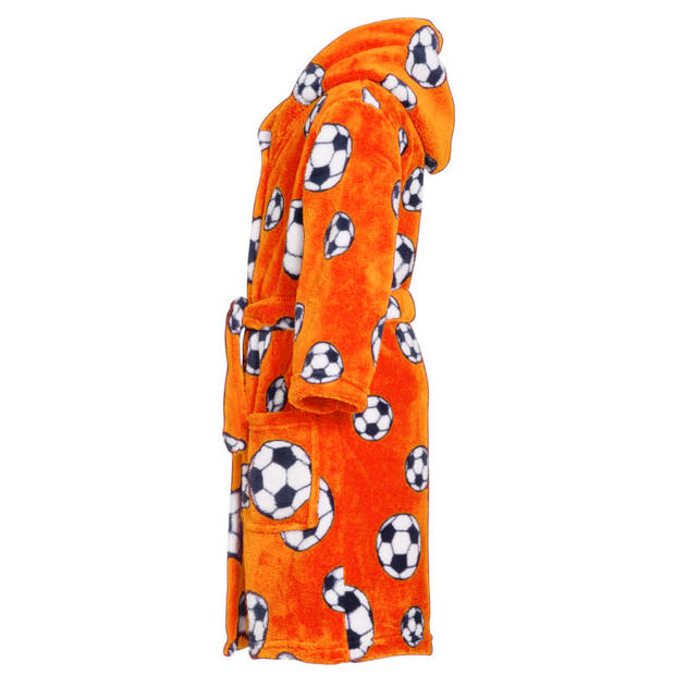 Badjas/ochtendjas oranje fleece voetbal print voor kinderen. 110/116 (5-6 jr) - Badjassen