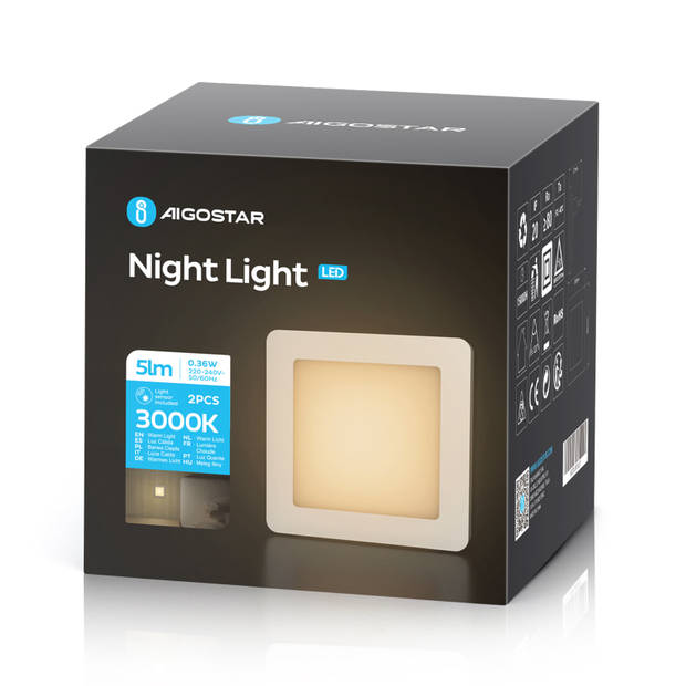 Aigostar 10B9V - LED Nachtlampje Stopcontact 2 stuks - Dag/Nacht Sensor - Nachtlampje Babykamer - Nacht Lamp - Wit
