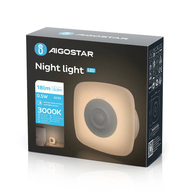 Aigostar 10BA8 - LED Nachtlampje met Bewegingssensor - Dag/Nacht Sensor - Bedlampje - Wit