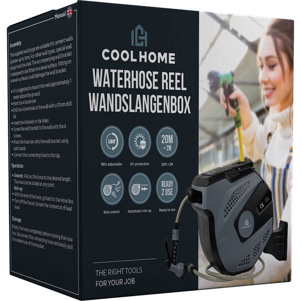 CoolHome Wandslangenbox 30 meter + 2 meter - Tuinslang met haspel- Slangenhouder 180° Draaibaar - Tuinslanghaspel Zwart