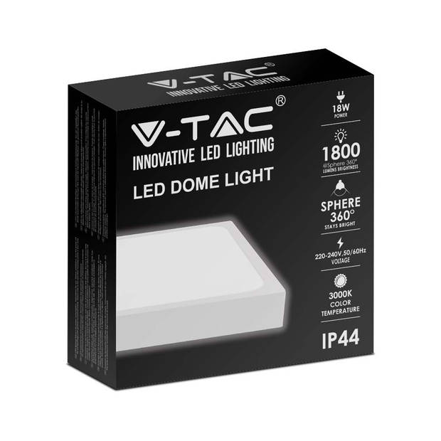 V-TAC VT-8618W-SQ LED vierkante lichtkoepels - 225mm - IP44 - Wit - 18W - 1800 Lumen - 4000K