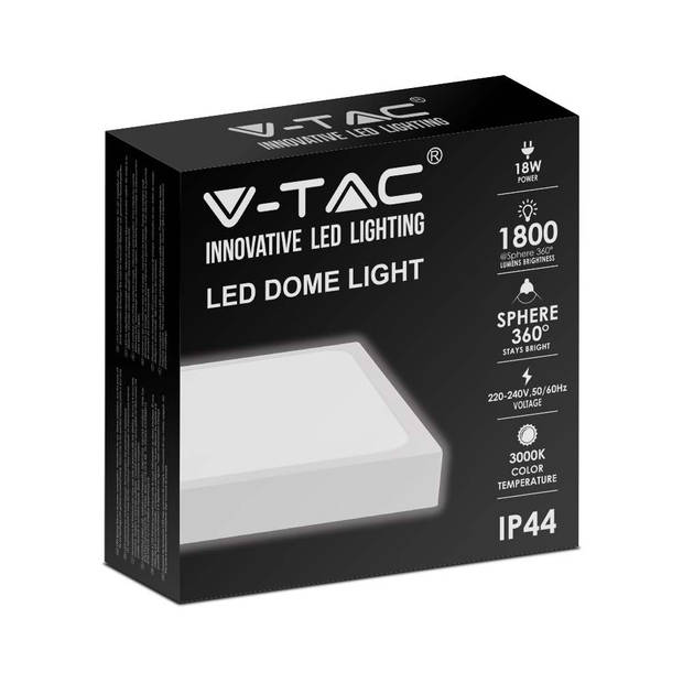 V-TAC VT-8618W-SQ LED vierkante plafonnière - 225mm - IP44 - Wit - 18W - 1800 Lumen - 3000K