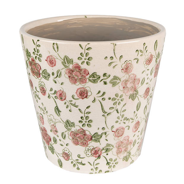 Clayre & Eef Bloempot Ø 12x10 cm Roze Beige Keramiek Bloemen Bloempot binnen Roze Bloempot binnen