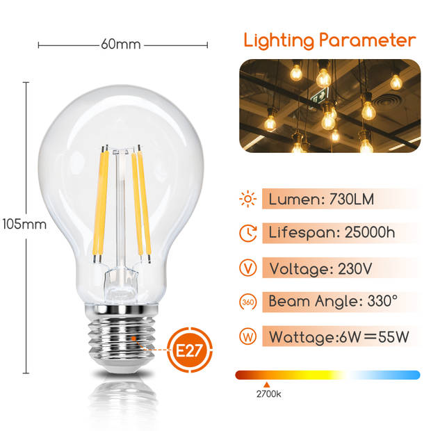 Aigostar 10ZCM - Filament lamp - LED Lichtbron - E27 - 6W - 2700K - 730lm - Set van 6 stuks