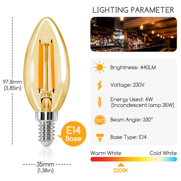 Aigostar 10ZBR - LED Filament - C35 - E14 fitting - Ø 3,5 cm - Niet dimbaar - 6 Stuks - 4 Watt - 2200K