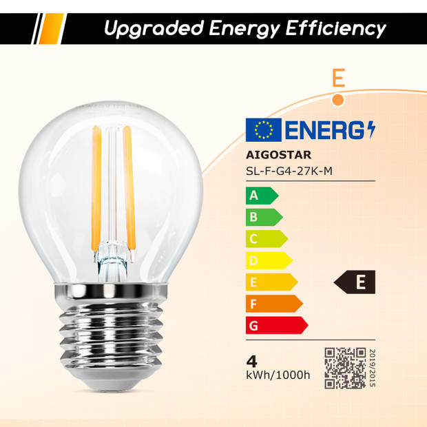 Aigostar 10ZBT - LED Filament Lamp E27 - G45 - 2700K - 470lm - Warm Wit licht - Niet dimbaar - 4W - 6 stuks