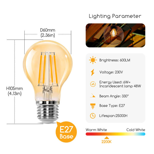 Aigostar 10ZCQ - A60 LED Filament Lamp - E27 fitting - 6W - Warm Wit - 2200K - 6 stuks