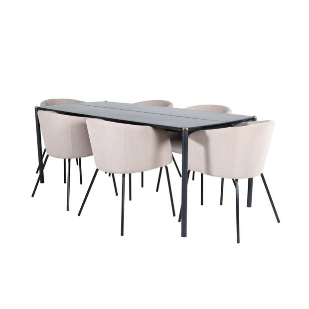 Pelle eethoek eetkamertafel zwart en 6 Berit eetkamerstal beige.