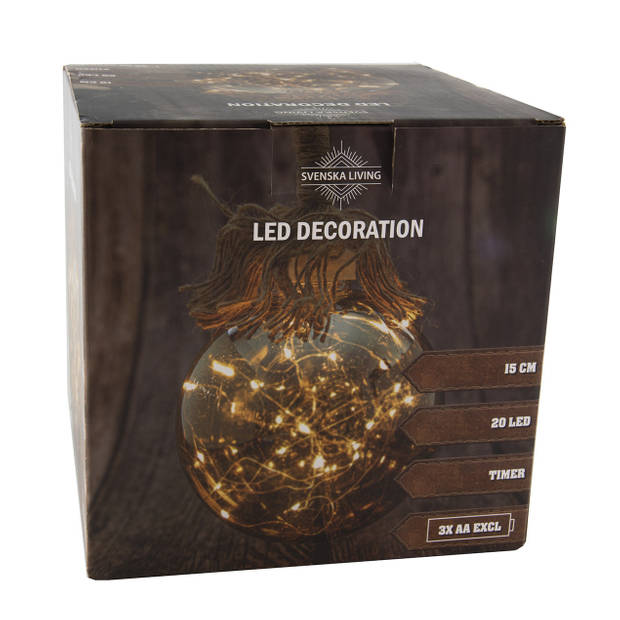 Verlichte glazen kerstbal aan touw met 20 lampjes smoky 15 cm met timer - kerstverlichting figuur