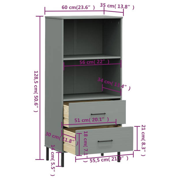 vidaXL Boekenkast met 2 lades OSLO 60x35x128,5 cm massief hout grijs