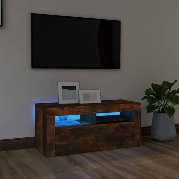 The Living Store TV-meubel Modern - TV-meubel - 90x35x40 cm - Gerookt eiken - RGB LED-verlichting