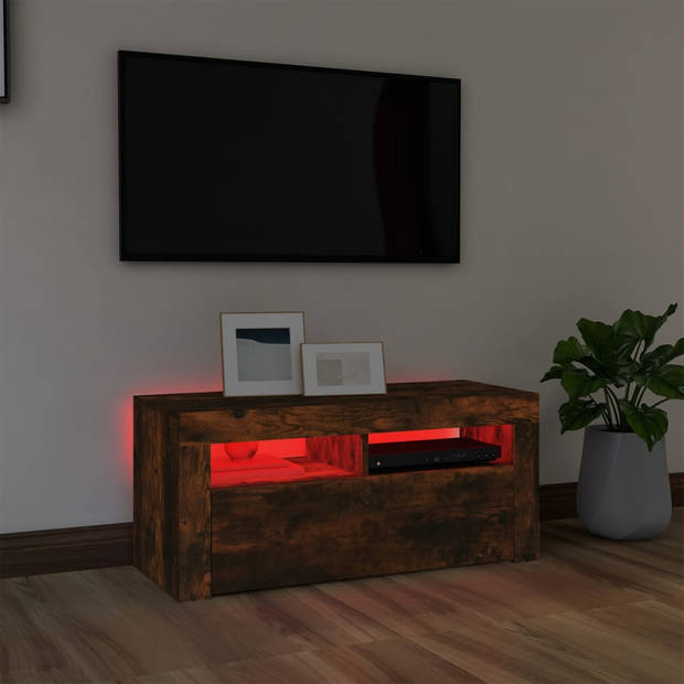 The Living Store TV-meubel Modern - TV-meubel - 90x35x40 cm - Gerookt eiken - RGB LED-verlichting