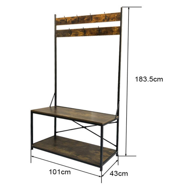 Kapstok staande groot garderobe rek Stoer - met zitbankje schoenenrek - industrieel metaal hout - 183 cm hoog