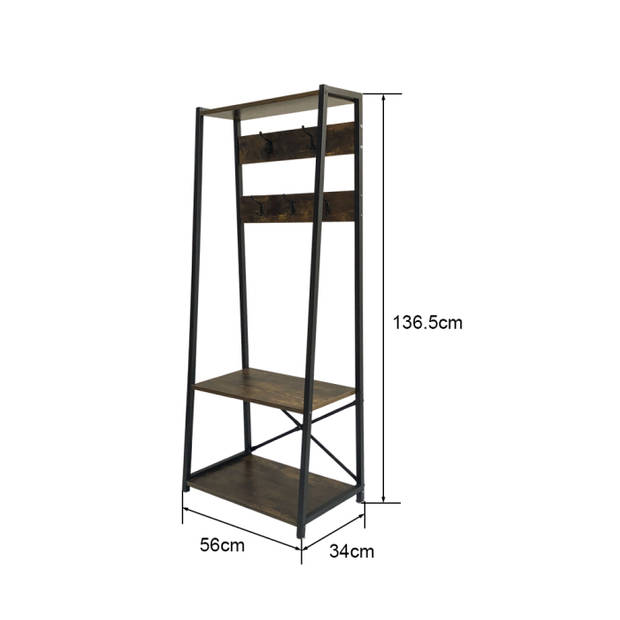 Staande kapstok Garderobe rek industrieel Stoer met schoenenrek 136 cm hoog