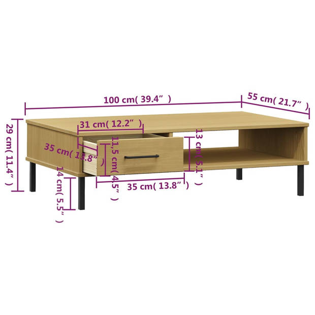 vidaXL Salontafel met metalen poten OSLO massief grenenhout bruin