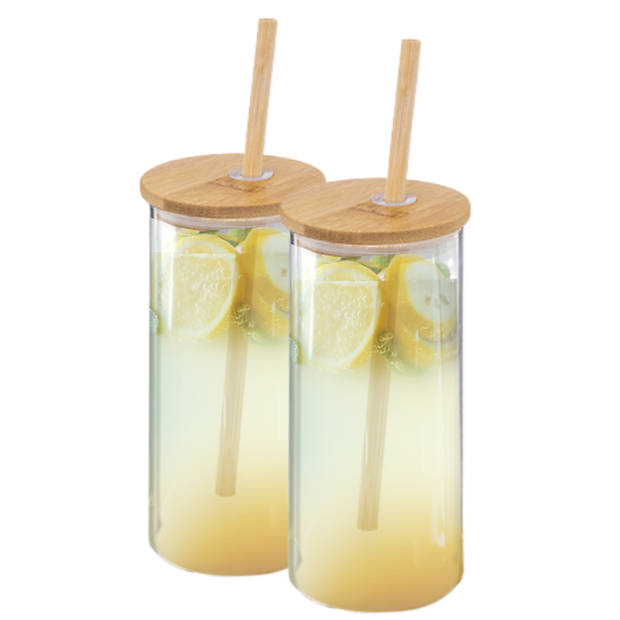 OTIX Drinkglazen - met Bamboo Deksel en Rietje - 2 Stuks - 400 ml - Waterglazen