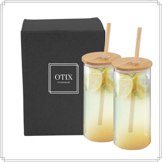 OTIX Drinkglazen - met Bamboo Deksel en Rietje - 2 Stuks - 400 ml - Waterglazen