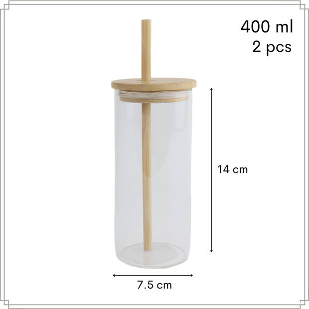 OTIX Drinkglazen - met Bamboo Deksel en Rietje - 2 Stuks - 400 ml - Waterglazen