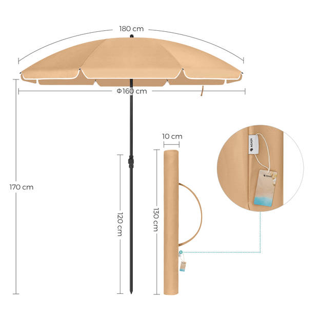 ACAZA Stok Parasol - 160 cm Diameter - Ronde / Achthoekige Tuinparasol van Polyester - Kantelbaar - met Draagtas - Taupe