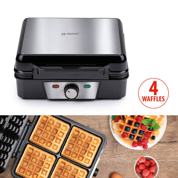 alpina Wafelijzer - Brusselse Wafels - Antiaanbaklaag - 4 Wafels - 1200W