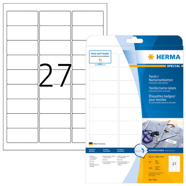 Naametiketten A4 63,5x29,6 mm wit afpelbaar acetaatzijde 540 st.