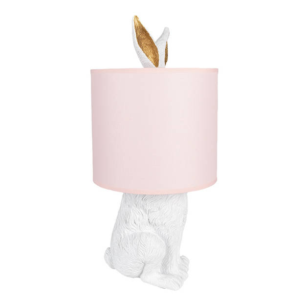 Clayre & Eef Tafellamp Konijn Ø 20x43 cm Wit Roze Kunststof Bureaulamp Wit Bureaulamp