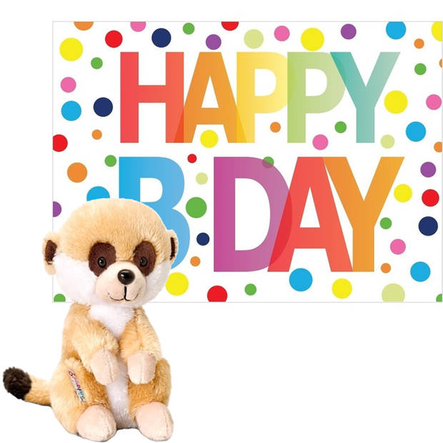 Pluche dieren knuffel stokstaartje 14 cm met Happy Birthday wenskaart - Knuffeldier