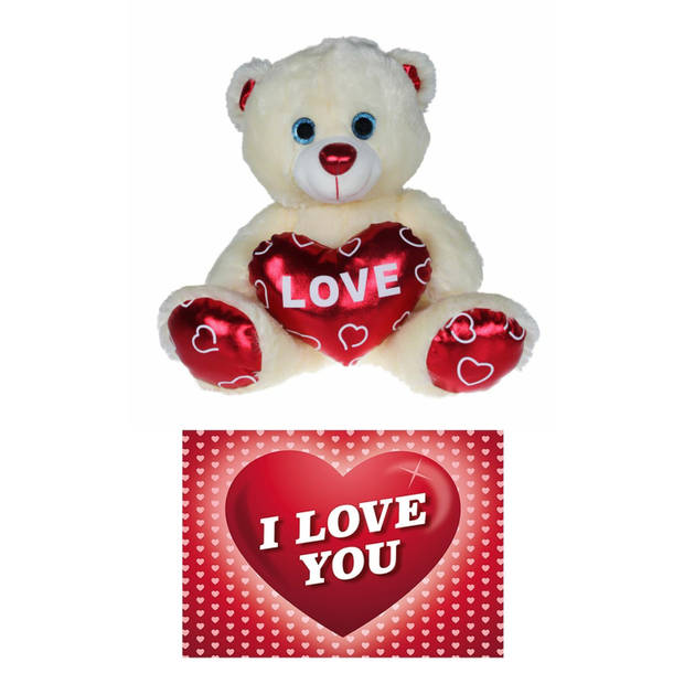 Pluche knuffelbeer 25 cm met wit/rood Valentijn Love hartje incl. hartjes wenskaart - Knuffelberen