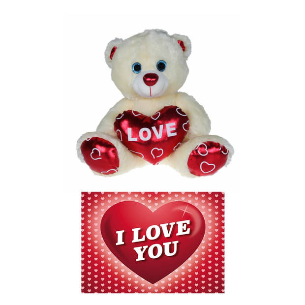 Pluche knuffelbeer 20 cm met wit/rood Valentijn Love hartje incl. hartjes wenskaart - Knuffelberen