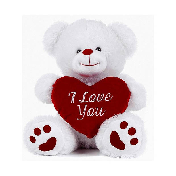 Pluche knuffelbeer 27 cm met wit/rood Valentijn Love hartje incl. hartjes wenskaart - Knuffelberen