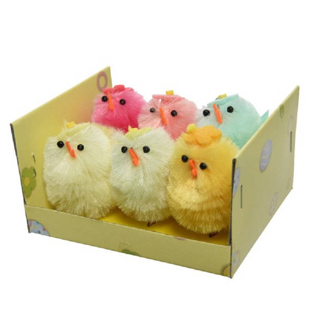 Pluche kippen/hanen knuffel van 20 cm met 6x stuks mini gekleurde kuikentjes 4 cm - Feestdecoratievoorwerp