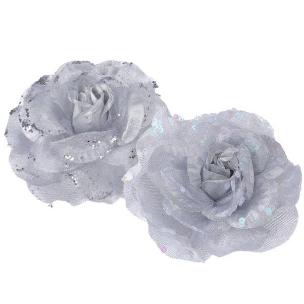 4x stuks decoratie bloemen rozen zilver op clip 9 cm - Kunstbloemen