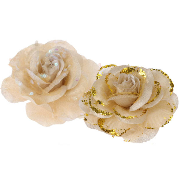 6x stuks decoratie bloemen rozen goud op clip 9 cm - Kunstbloemen