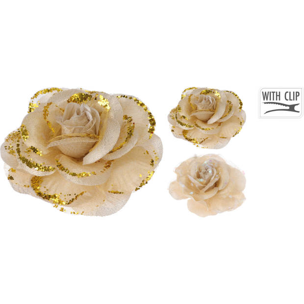 4x stuks decoratie bloemen rozen goud op clip 9 cm - Kunstbloemen