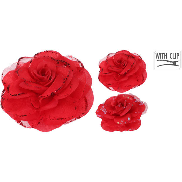 4x stuks decoratie bloemen rozen rood op clip 9 cm - Kunstbloemen