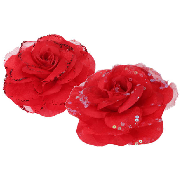 2x stuks kerstboom decoratie bloemen rozen rood op clip 9 cm - Kersthangers