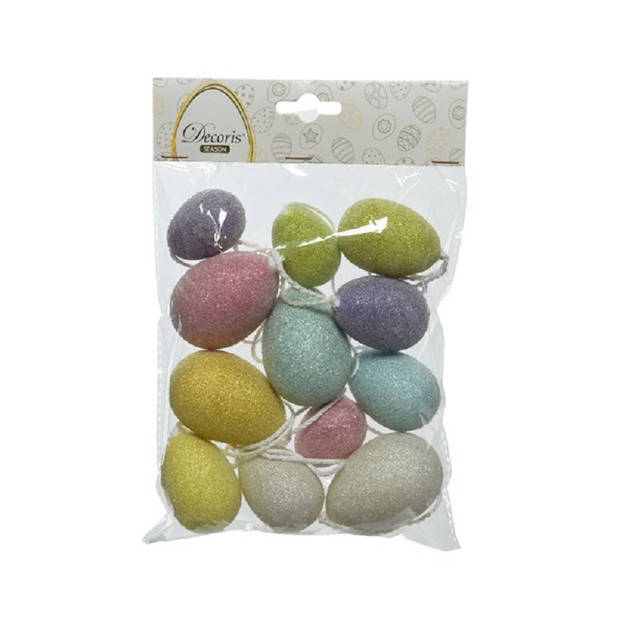 12x Gekleurde glitter plastic/kunststof eieren/Paaseieren 4-6 cm - Feestdecoratievoorwerp