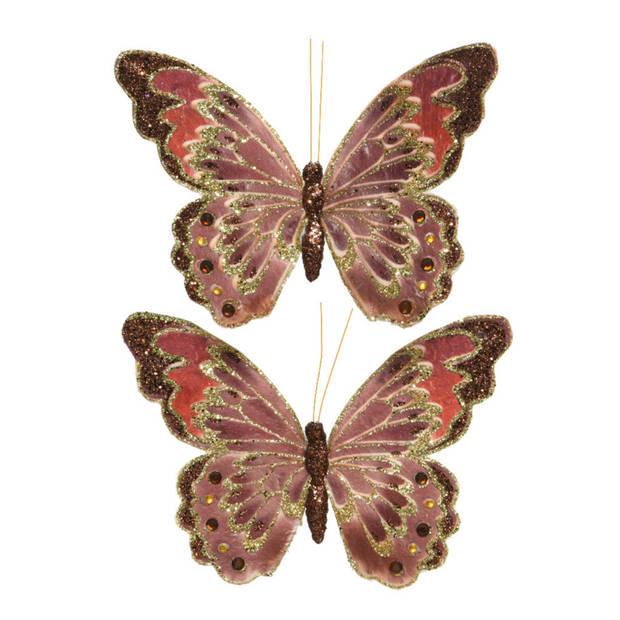 2x stuks kerstboom decoratie vlinders op clip bruin met glitters 18 cm - Kersthangers