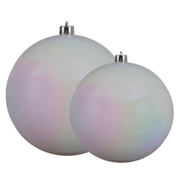 Grote kerstballen 2x stuks parelmoer wit 14 en 20 cm kunststof - Kerstbal