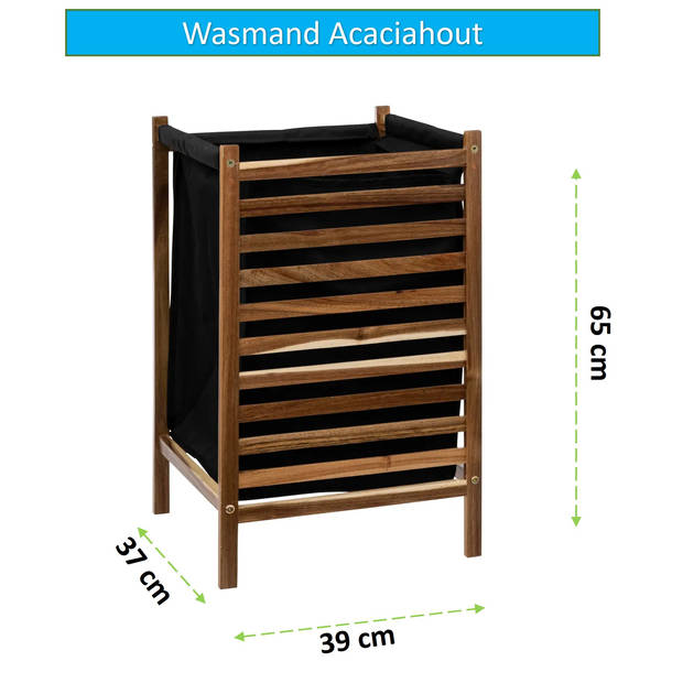 Wasmand Acaciahout Open met Zwarte Uitneembare Waszak - 37x39x65 cm