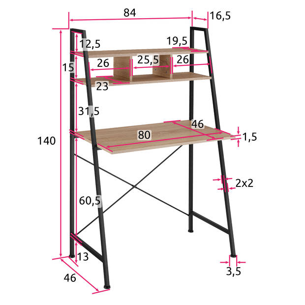 tectake - Bureau Exeter - 85,5x46,5x140cm - industrieel - lichtbruin - 404701