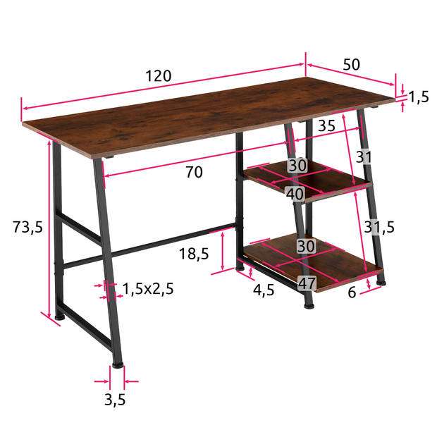 tectake® Bureau met 2 Planken - 120 x 50 x 73,5 cm - Industrieel Design - Computerbureau met Zwart Metalen Frame