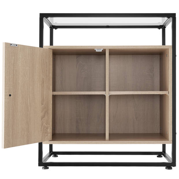 tectake® Ladekast met Glazen Oppervlak - 70x 38x 80,5 cm - Industrieel Design - Houten Dressoir met Zwart Metalen Frame