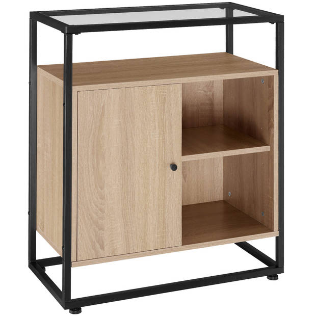 tectake® Ladekast met Glazen Oppervlak - 70x 38x 80,5 cm - Industrieel Design - Houten Dressoir met Zwart Metalen Frame