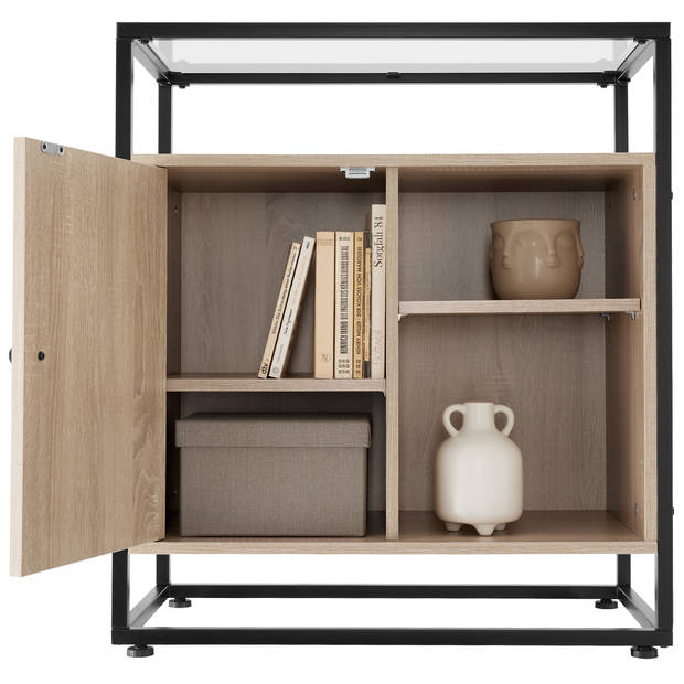 tectake® Ladekast met Glazen Oppervlak - 70x 38x 80,5 cm - Industrieel Design - Houten Dressoir met Zwart Metalen Frame