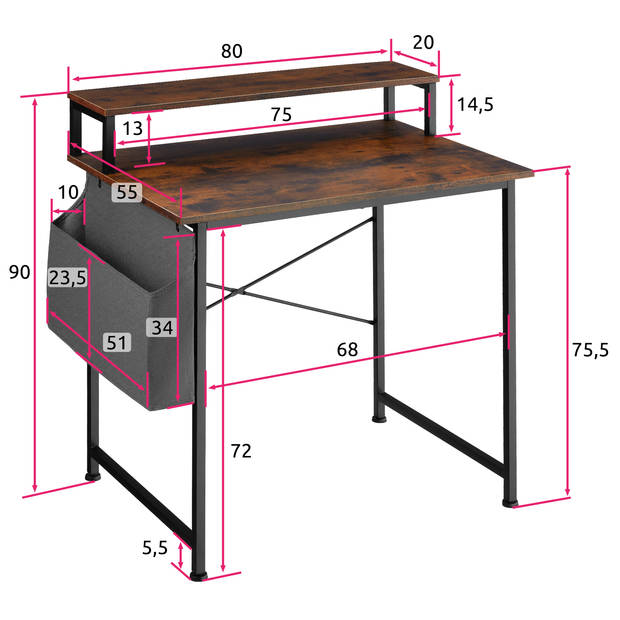 tectake - Bureau met plank en organizer industrieel donkerbruin 80 cm 404662