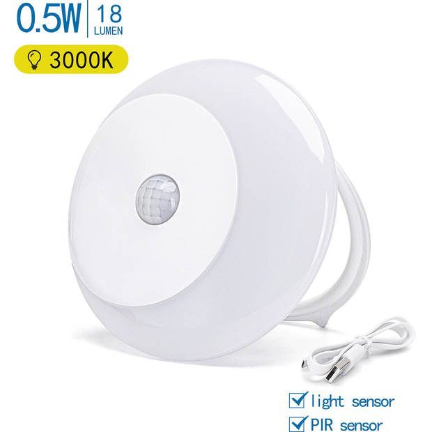 Stekkerlamp op Batterijen - Nachtlamp met Dag en Nacht- en Bewegingssensor Incl. USB-kabel - Aigi Dypi - 0.5W - Warm Wit