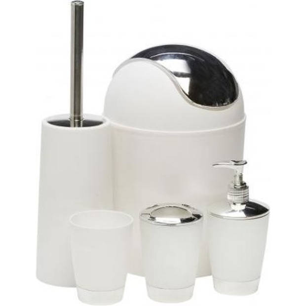 Badkamer en Toilet Set - Mat wit - Kunststof - vuilbakje - wc borstel - zeep dispenser - beker - tandenborstel houder