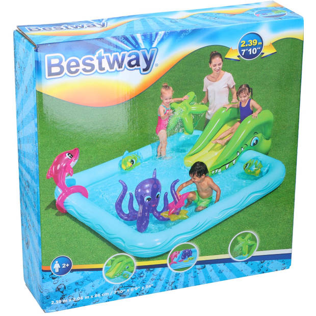 Bestway Kinderzwembad met Glijbaan - Incl. Opblaas Waterspeelgoed - 239 x 206 x 86 CM - 308 L - Waterdieren