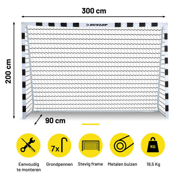 Dunlop Voetbaldoel - 300 x 90 x 200 CM - Metaal - Voetbaltrainingsmateriaal - Makkelijke Montage - Zwart / Wit